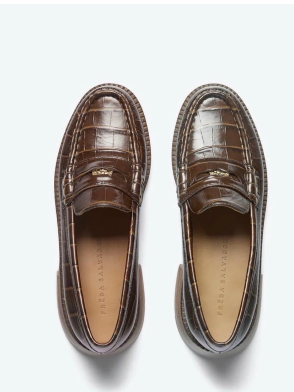 Freda Salvador Brown Croc-Embossed Leather Penny Loafers